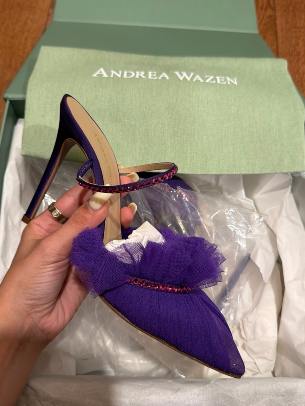 Andrea Wazen Violet Tulle Pointed-Toe Stiletto Mule